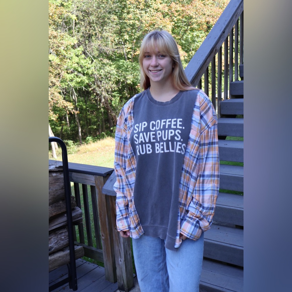 Gray Graphic Sweatshirt with Plaid Sleeves